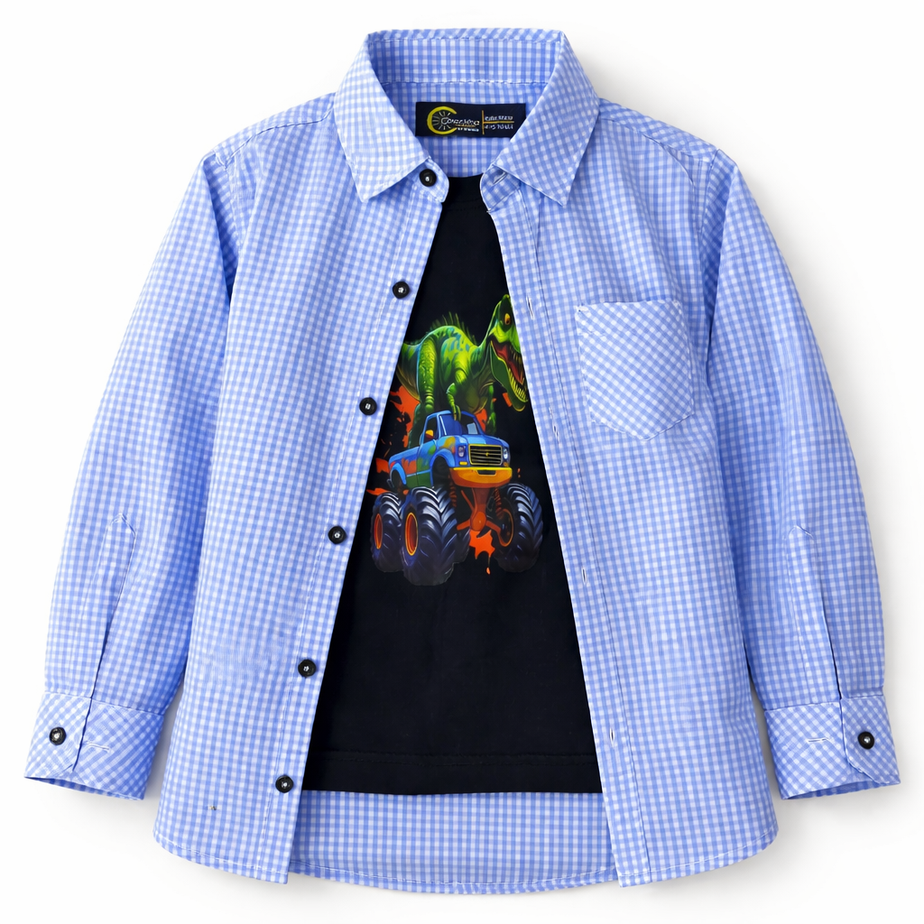 Sky Blue Checked Casual Shirt with Dino & Monster Truck Print T-Shirt