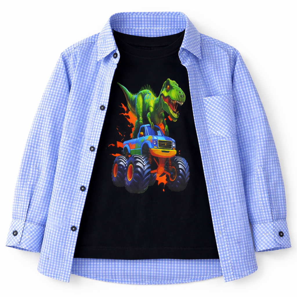 Sky Blue Checked Casual Shirt with Dino & Monster Truck Print T-Shirt