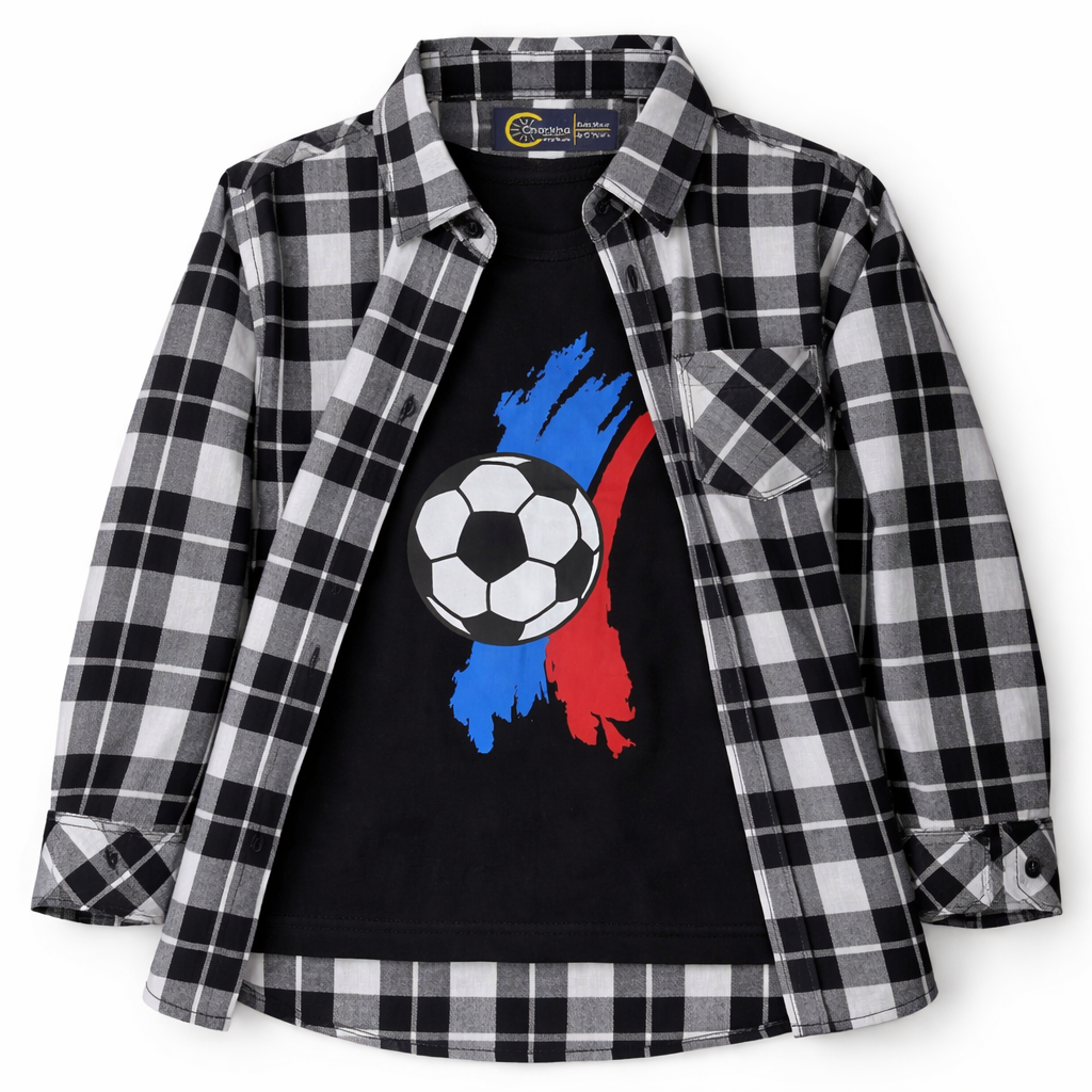 Black & White Checked Casual Shirt with Football Print T-Shirt