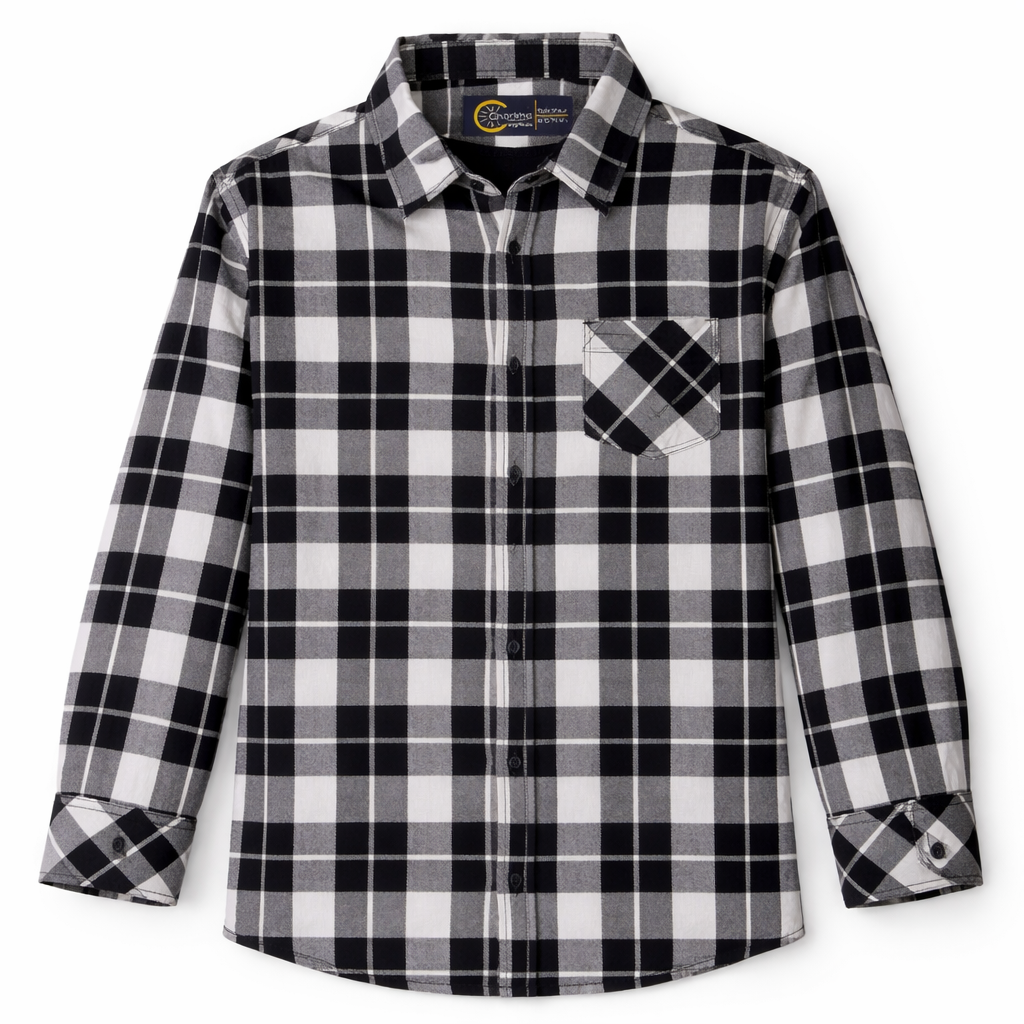Black & White Checked Casual Shirt with Football Print T-Shirt