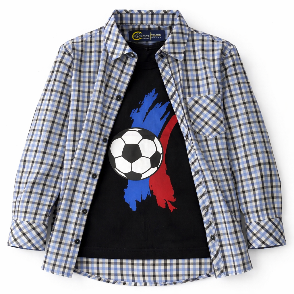 Sky Blue Checked Casual Shirt with Football Print T-Shirt - Lil' Cubs