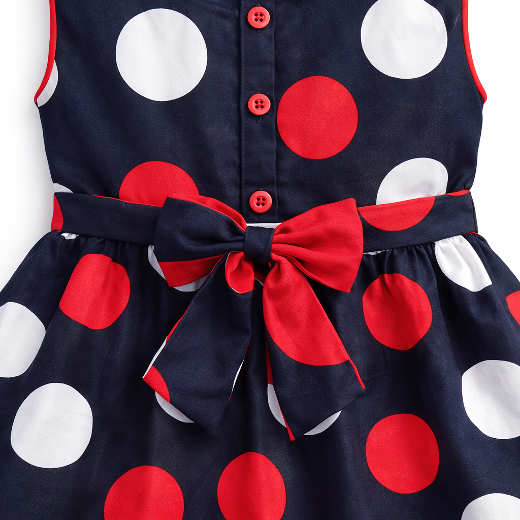 Navy blue lilcubspk frock with circle print, two-piece design, featuring a stylish and comfortable girls' dress with floral patterns.
