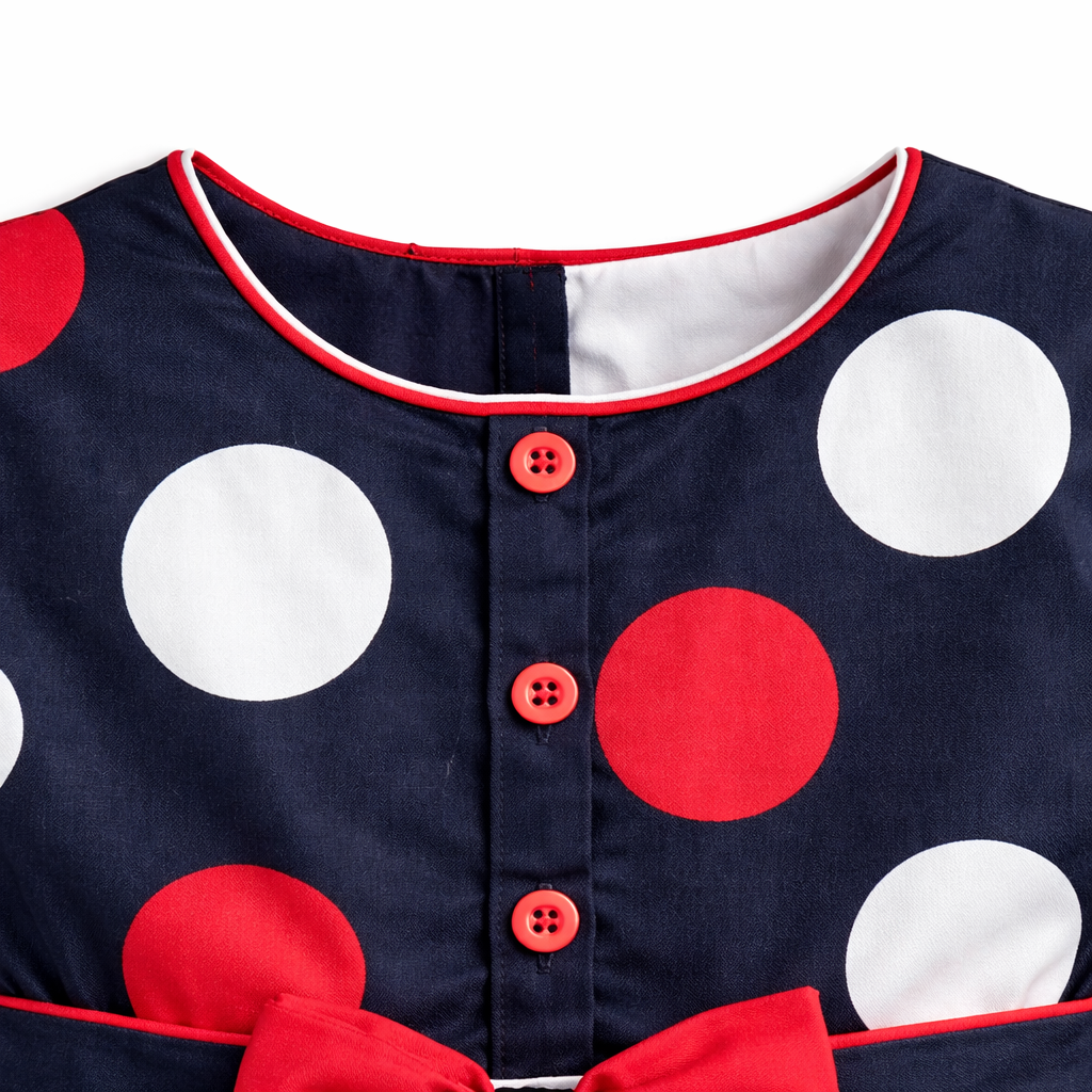 Navy blue lilcubspk frock with circle print, 2-piece set, featuring a stylish and comfortable dress for girls.
