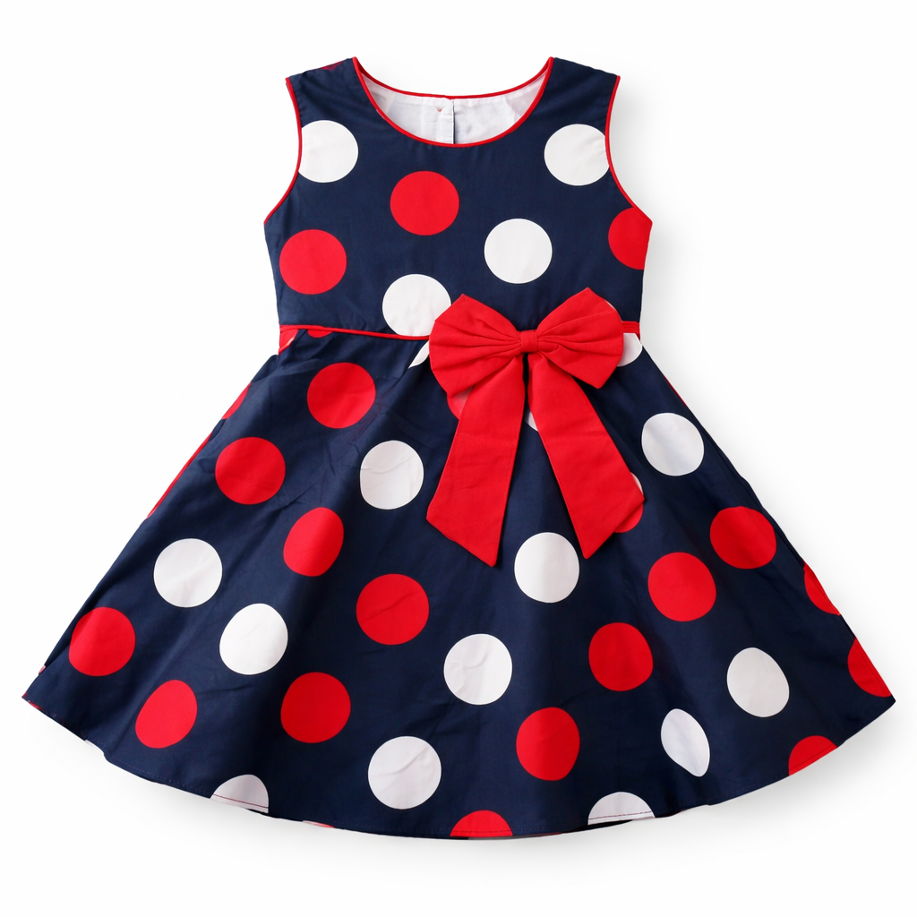 Navy blue lilcubspk two-piece frock with circle print for girls, featuring a stylish and comfortable design.