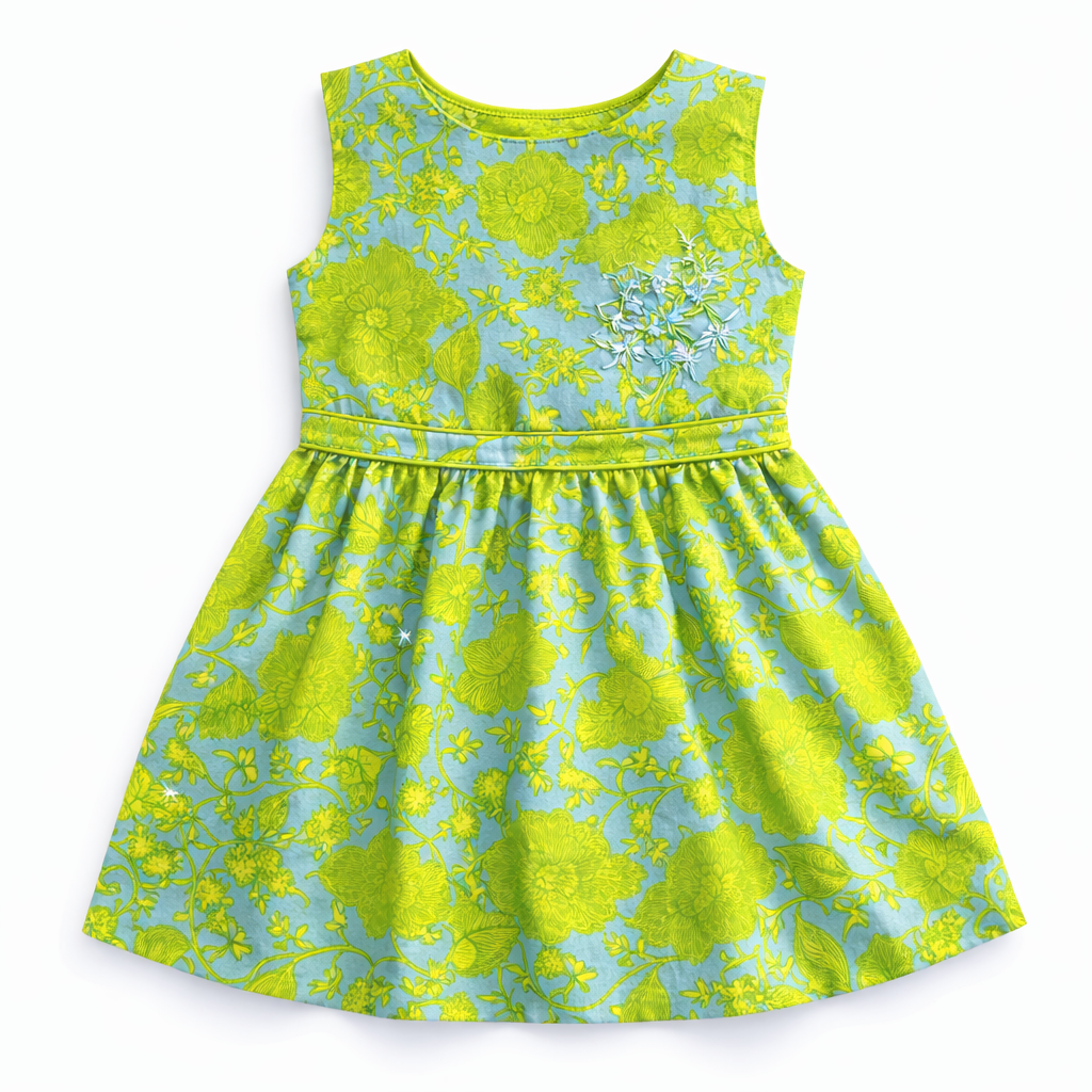 Greenish Yellow Frock with Foral Print (2-Piece)