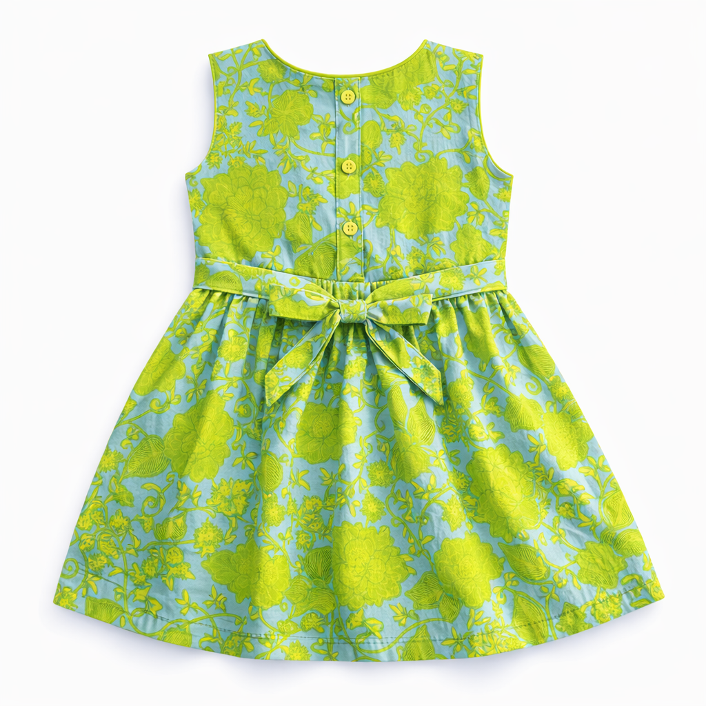 Greenish Yellow Frock with Foral Print (2-Piece)