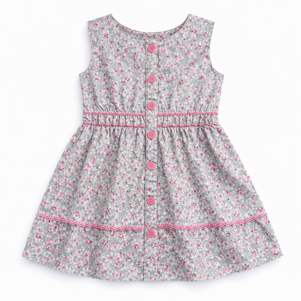 Grey frock with pink floral print from lilcubspk, featuring a two-piece design perfect for casual or special occasions.