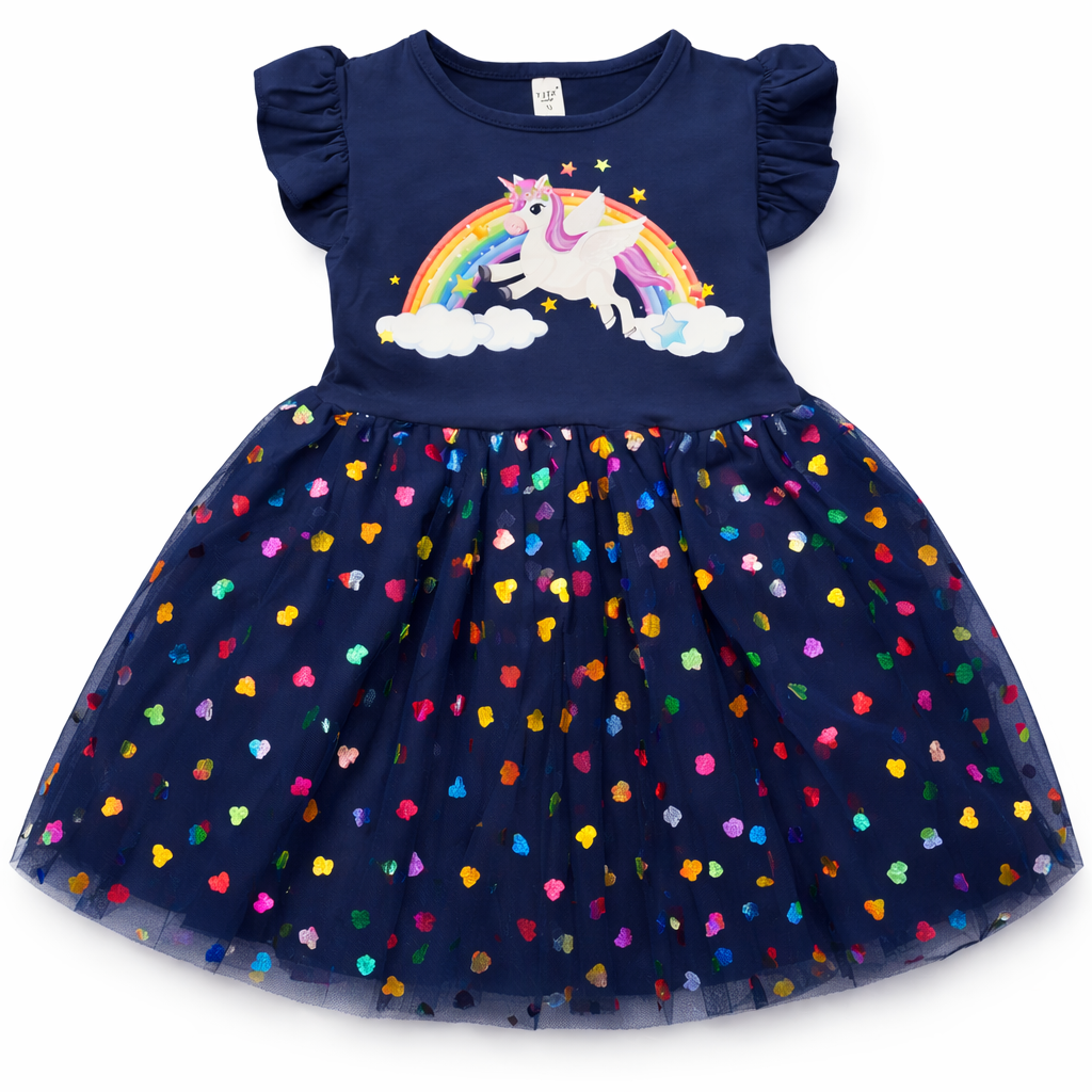 Navy blue frock for girls with colorful unicorn print by lilcubspk, featuring a soft fabric and playful design.