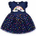 Navy blue frock for girls with colorful unicorn print by lilcubspk, featuring a soft fabric and playful design.