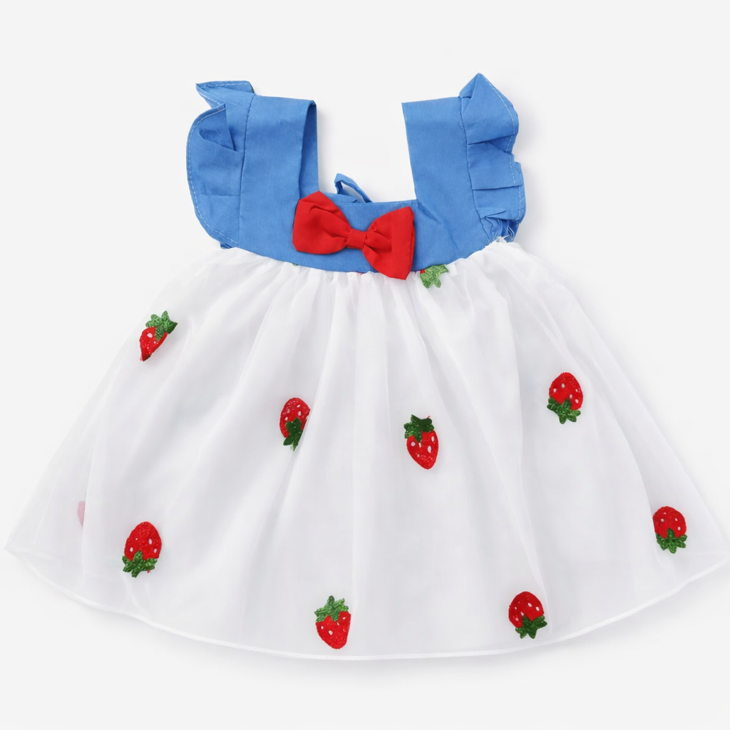 Blue and white strawberry print frock for girls by lilcubspk, featuring a charming, colorful design and comfortable fit.