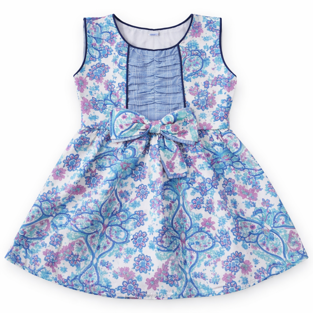 White & Blue Frock with Floral Print (2-Piece)