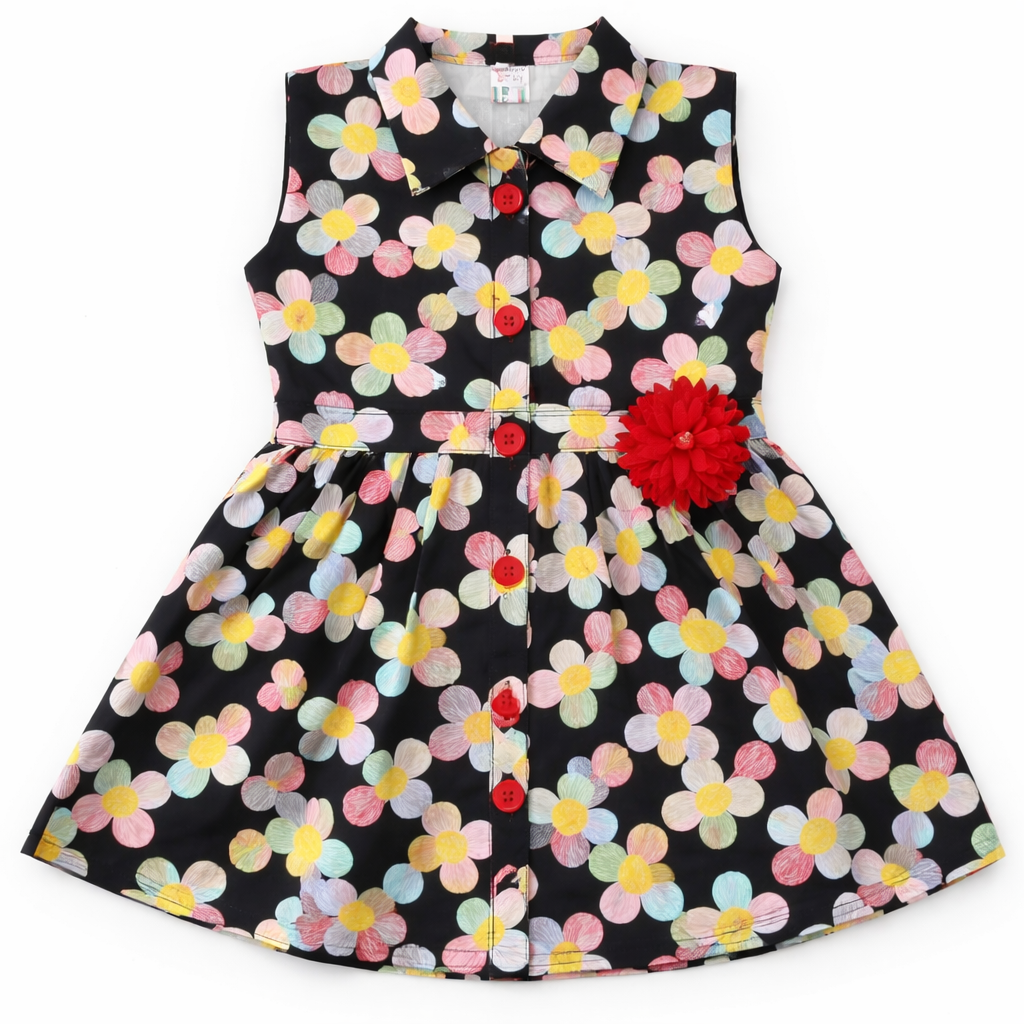 Black frock with multicolor floral print, two-piece design from lilcubspk, shown with flowing fabric and vibrant floral patterns.