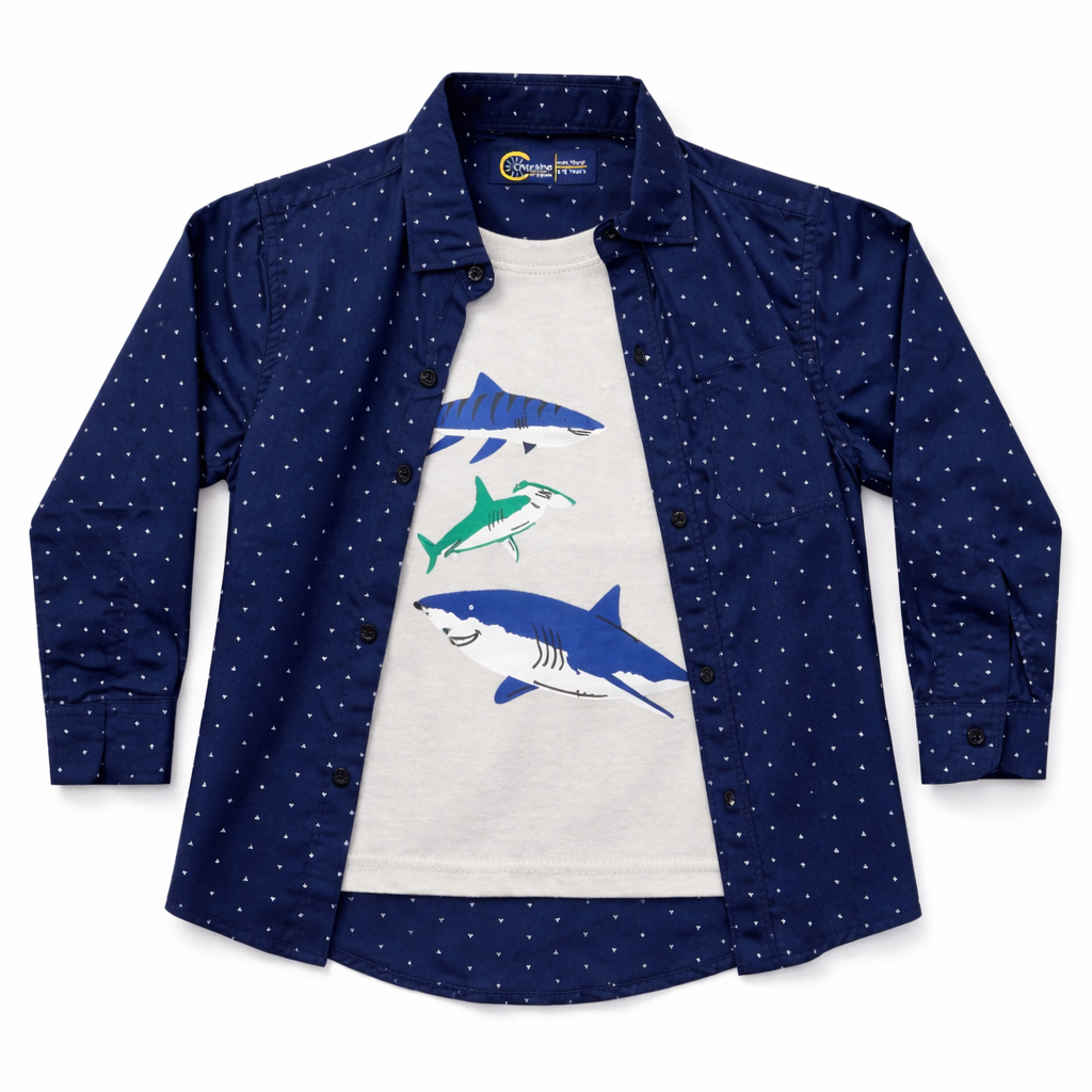 Navy Blue Casual Shirt with Fishes Print T-Shirt