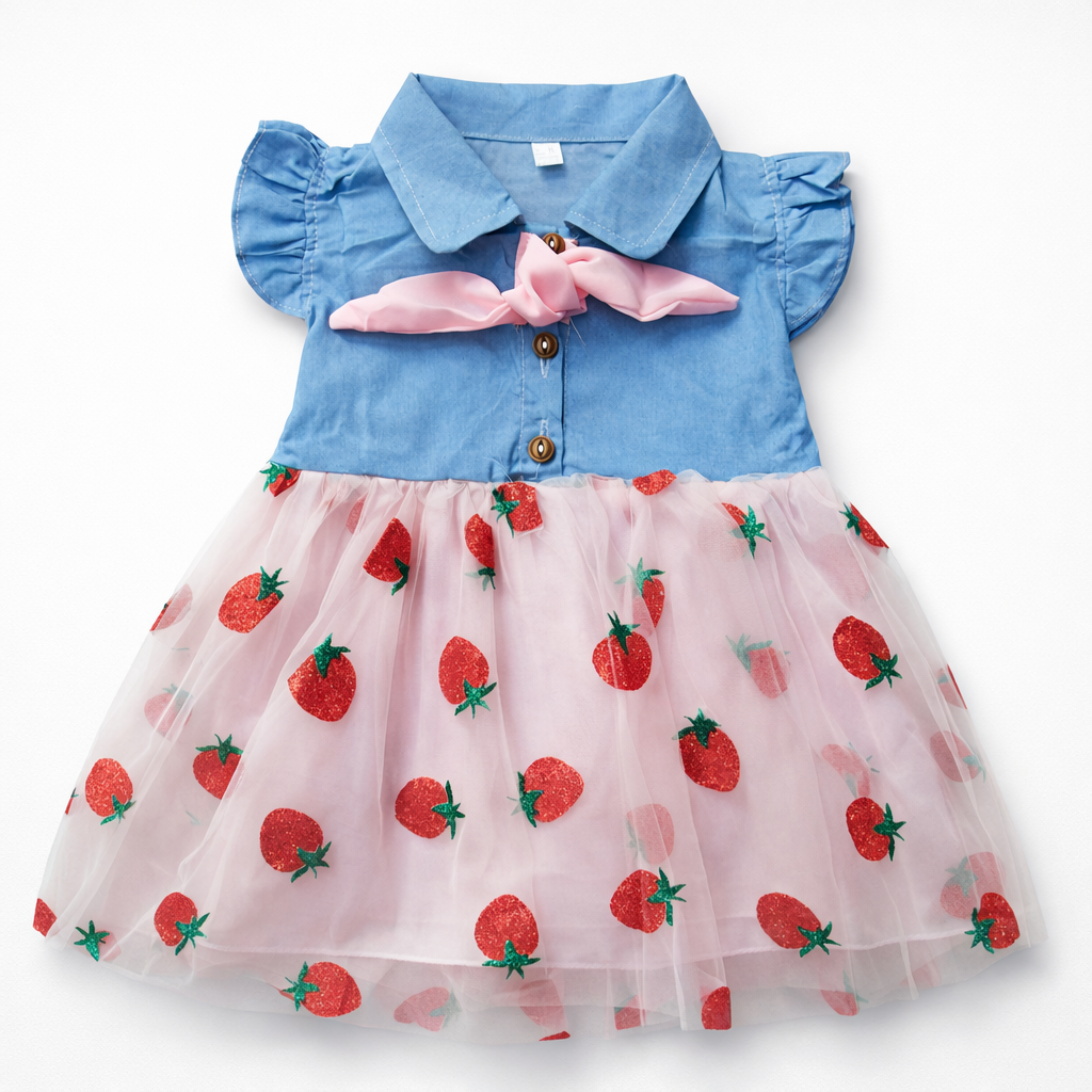 Blue and white strawberry print frock with matching white hat for girls by lilcubspk, perfect for warm weather.
