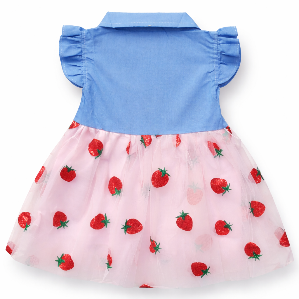 Blue and white strawberry frock from lilcubspk with a matching white hat, featuring a charming floral pattern and ruffled details.