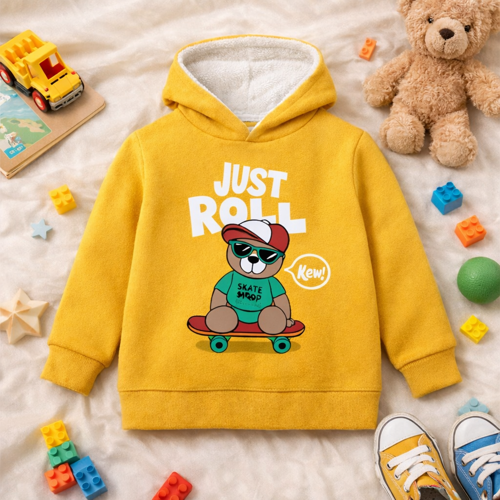 Yellow Fleece Bear Print Hoodie