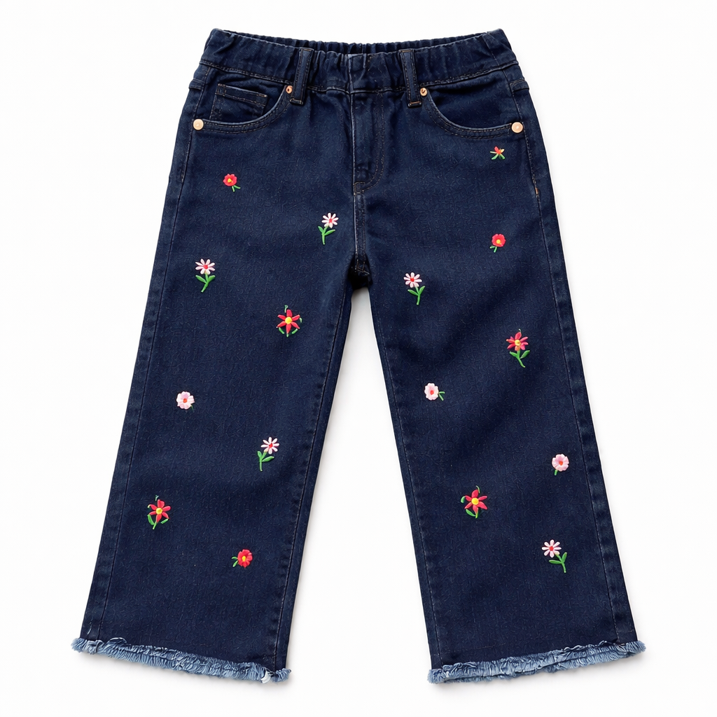 Girls Dark Indigo Floral Embroidered Denim Jeans