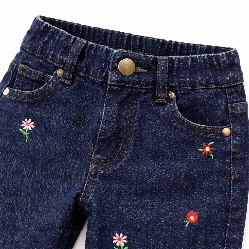 Girls Dark Indigo Floral Embroidered Denim Jeans
