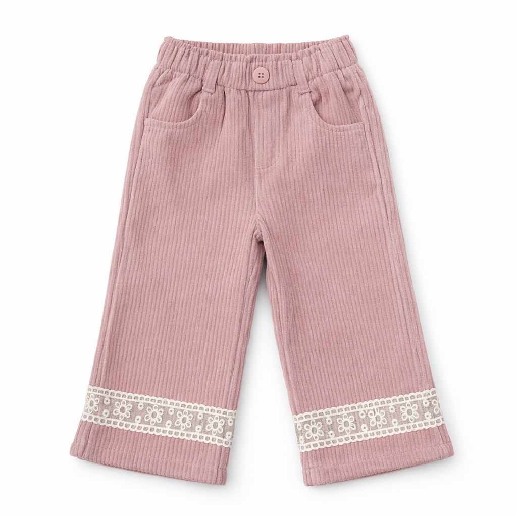 Girls Blush Pink Corduroy Trousers with Lace Hem