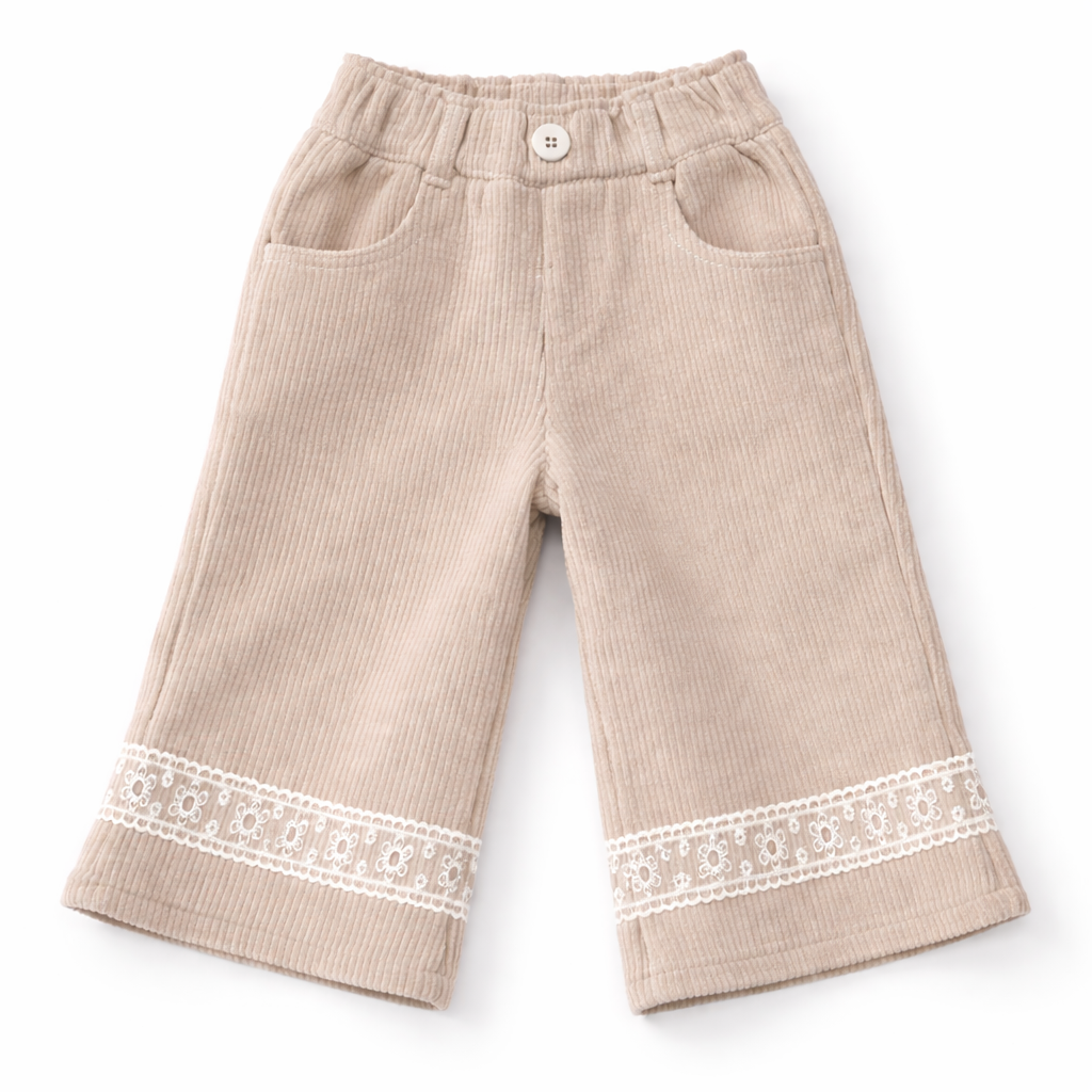 Girls Beige Corduroy Trousers with Lace Hem