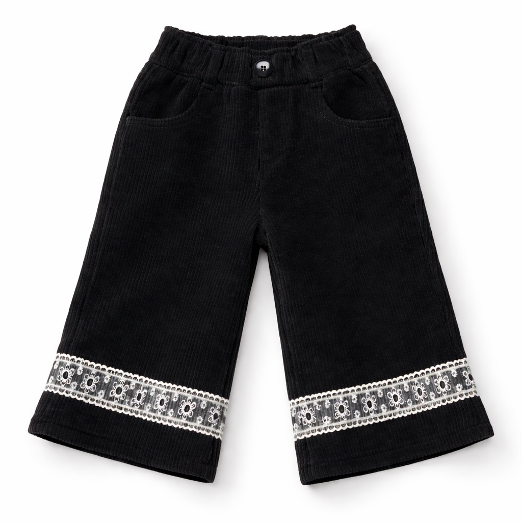 Girls Black Corduroy Trousers with Lace Hem