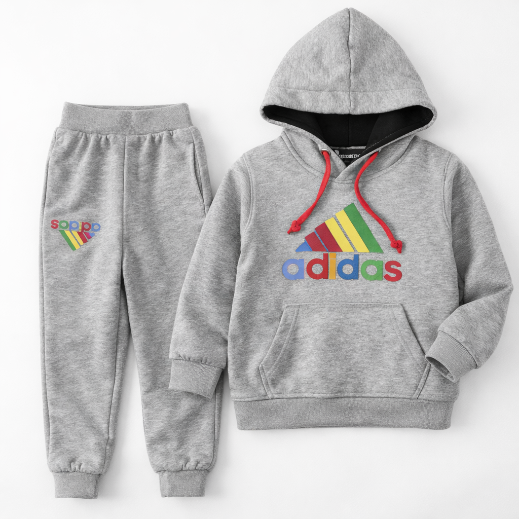 Gray Adidas-inspired fleece hoodie tracksuit by Lil' Cubs, featuring a cozy, sporty design with a front zipper and hood.