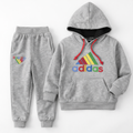 Gray Adidas-inspired fleece hoodie tracksuit by Lil' Cubs, featuring a cozy, sporty design with a front zipper and hood.