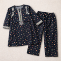 Girls black floral cotton shalwar kameez with colorful floral patterns and comfortable fit, designed for young girls.