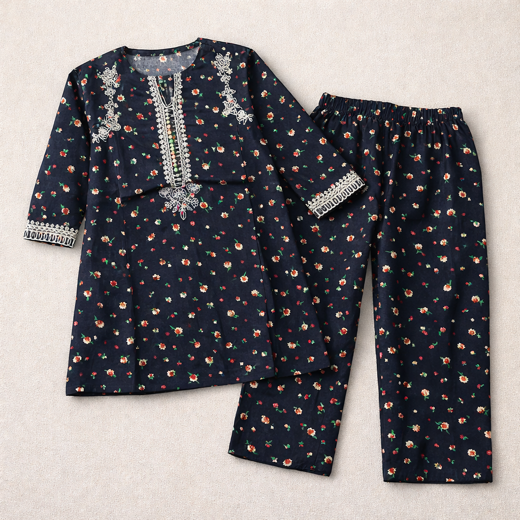 Girls black floral cotton shalwar kameez with colorful floral patterns and comfortable fit, designed for young girls.