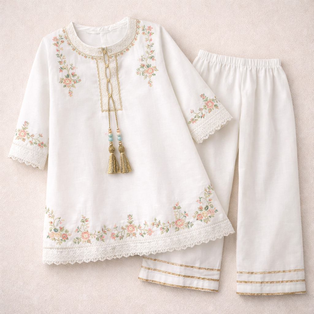 Girls white lace work cotton shalwar kameez with intricate lace details, traditional Pakistani dress for girls by lilcubspk.
