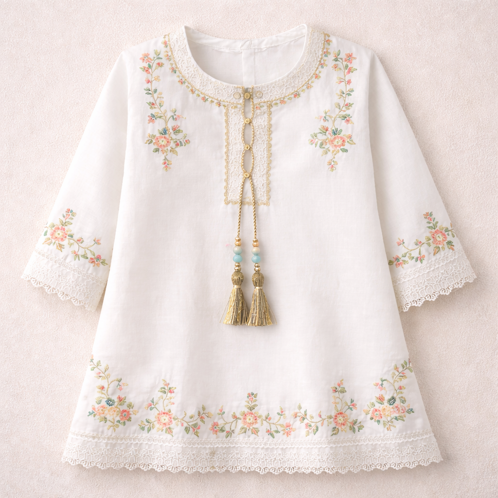 Girl wearing white lace work cotton shalwar kameez, traditional Pakistani attire, featuring intricate lace details and comfortable fabric.