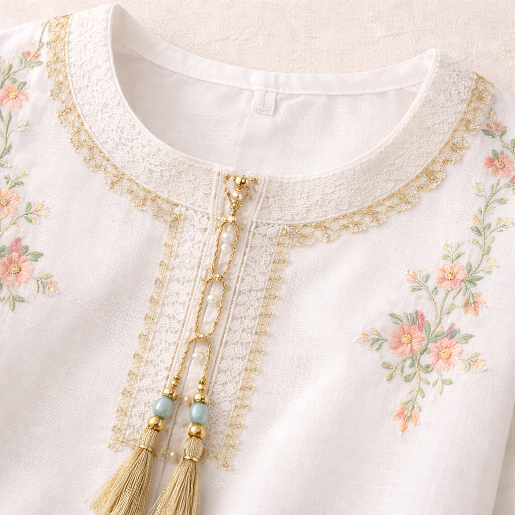 Girls white lace work cotton shalwar kameez with intricate lace details and a traditional design, perfect for casual or festive wear.