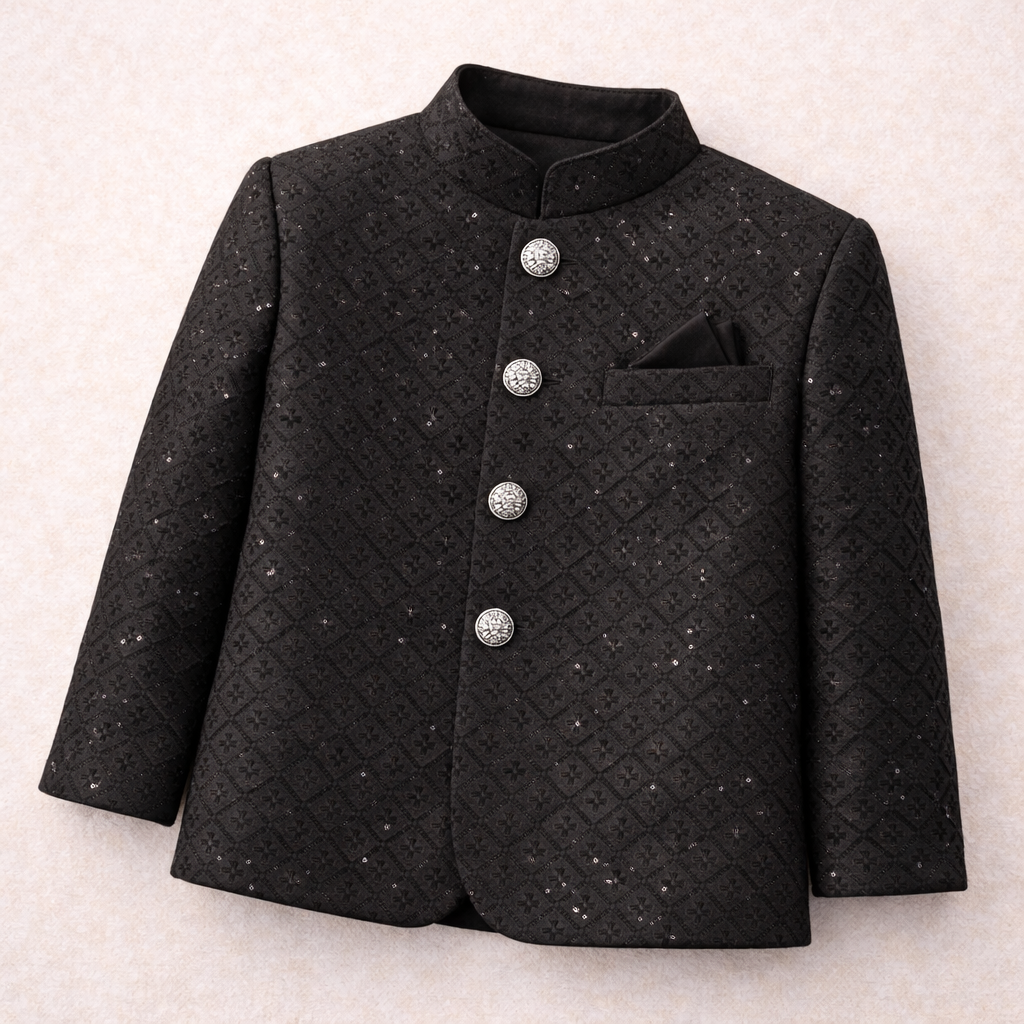Boy wearing a black prince coat from lilcubspk, featuring a classic design with buttons and a stylish collar.