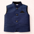 Boy wearing a blue cotton prince coat waistcoat, stylish boys' lilcubspk waistcoat for formal or casual occasions.