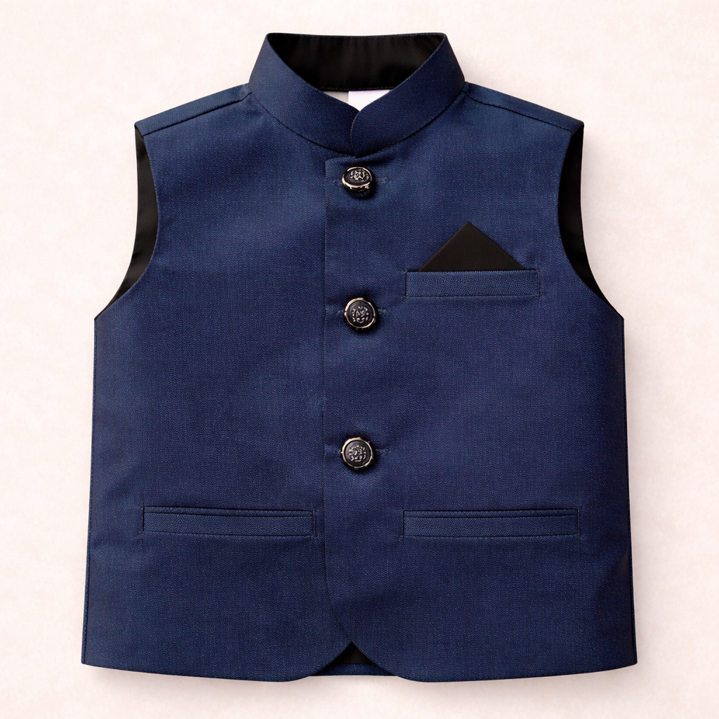 Boy wearing a blue cotton prince coat waistcoat, stylish boys' lilcubspk waistcoat for formal or casual occasions.