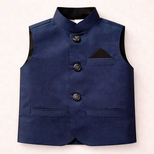 Boy wearing a blue cotton prince coat waistcoat, stylish boys' lilcubspk waistcoat for formal or casual occasions.