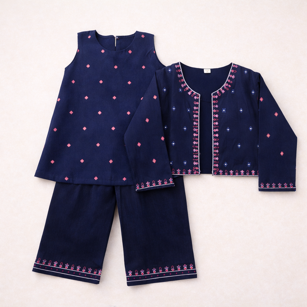 Navy blue 3-piece girls' Shalwar Kameez with matching waistcoat, featuring traditional design and comfortable fabric.