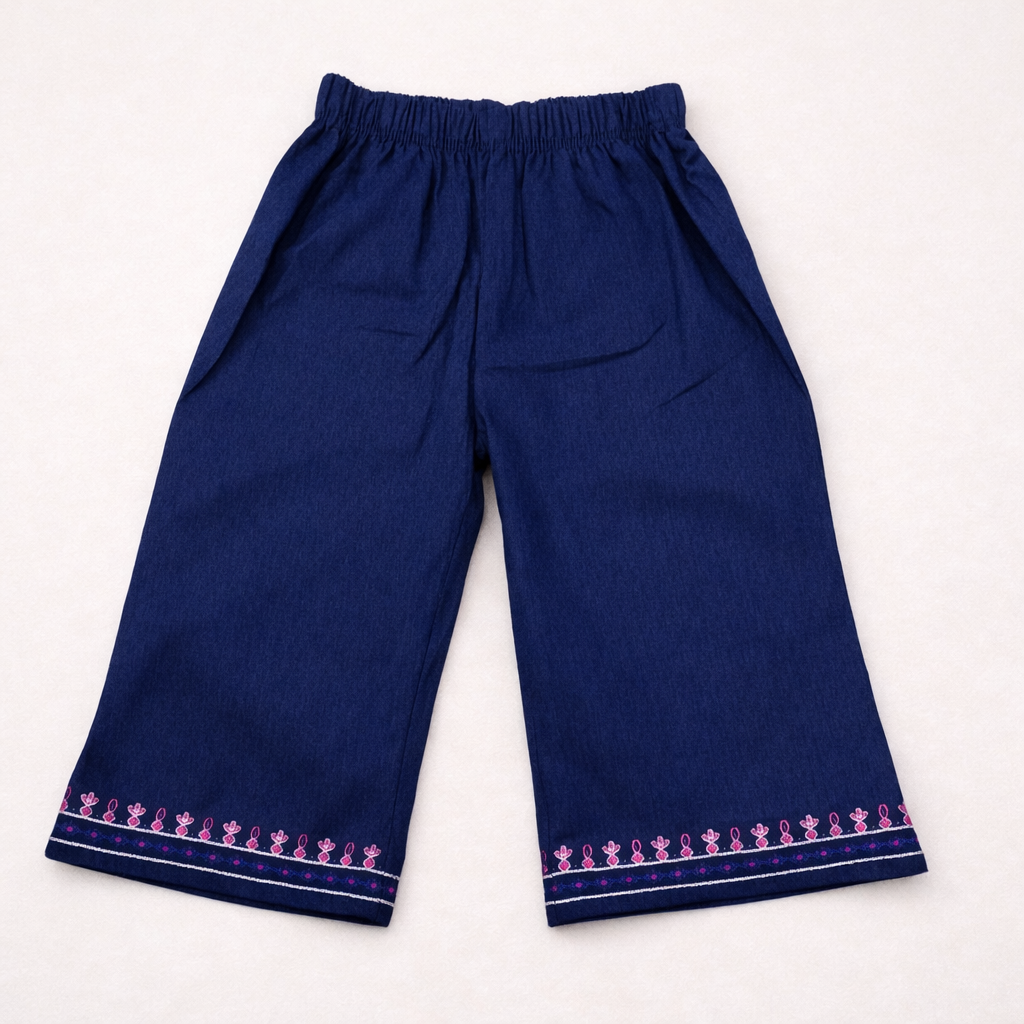 Navy blue 3-piece girls' Shalwar Kameez with waistcoat, featuring traditional designs and comfortable fabric from lilcubspk.