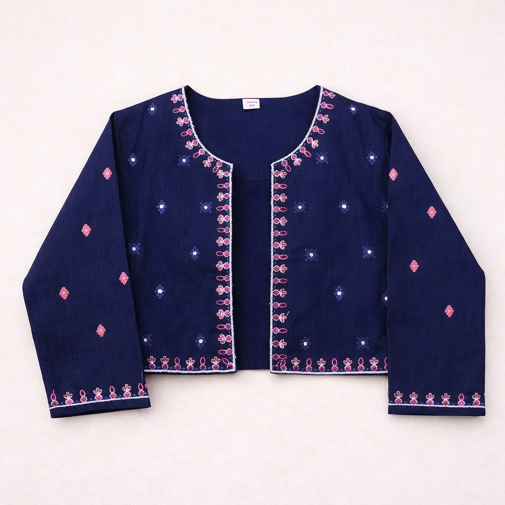 Navy blue 3-piece girls' Shalwar Kameez with matching waistcoat, featuring traditional design and comfortable fabric.