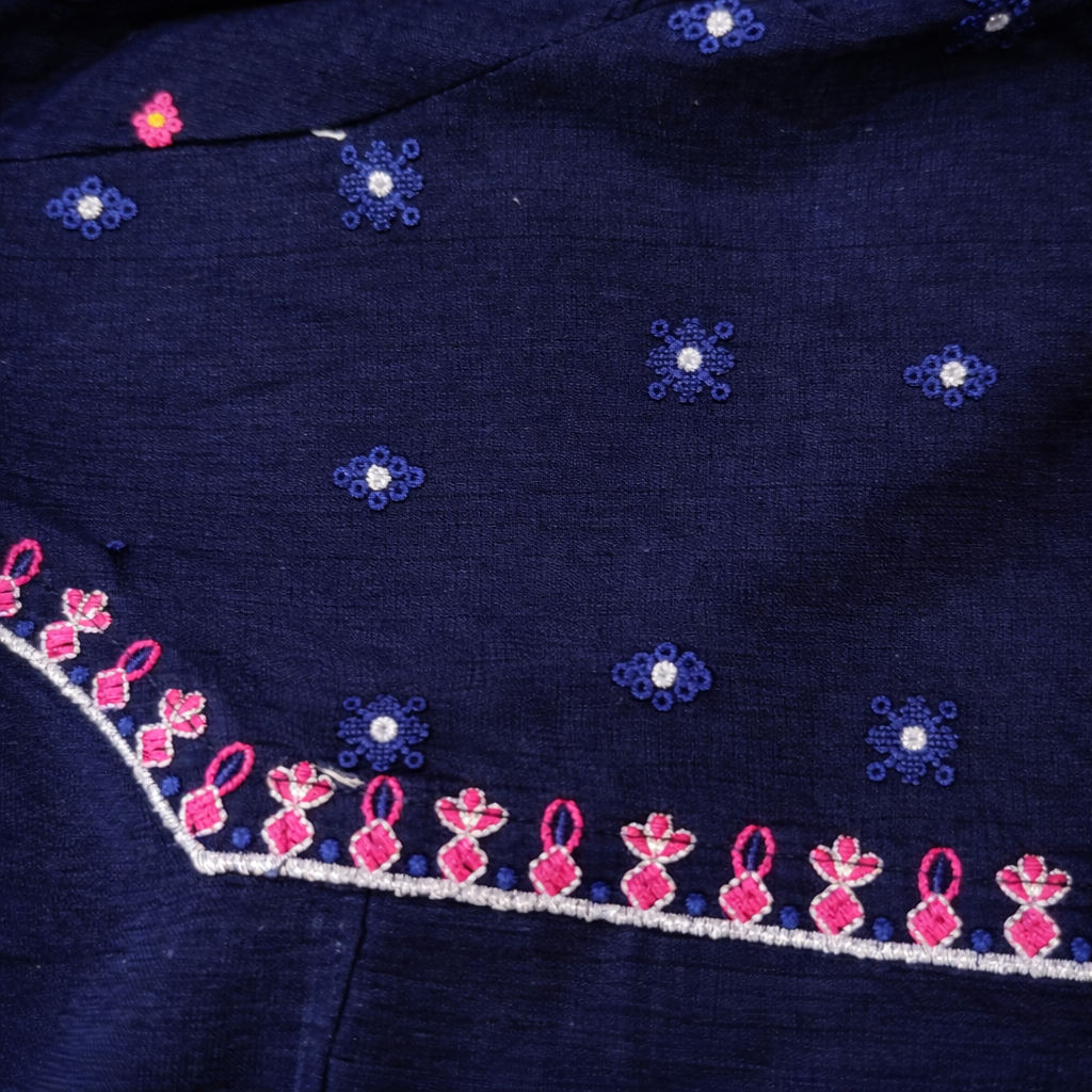 Navy blue 3-piece girls' shalwar kameez with matching waistcoat, traditional Pakistani attire, detailed embroidery, and comfortable fabric.