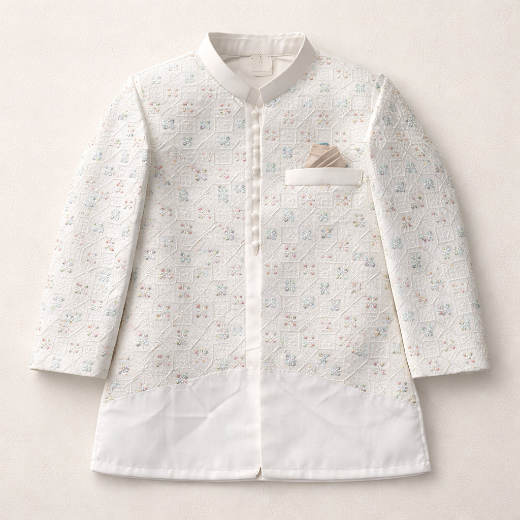 Boys white cotton 3-piece prince coat Shalwar Kameez with intricate embroidery, traditional Pakistani boys' formal attire.