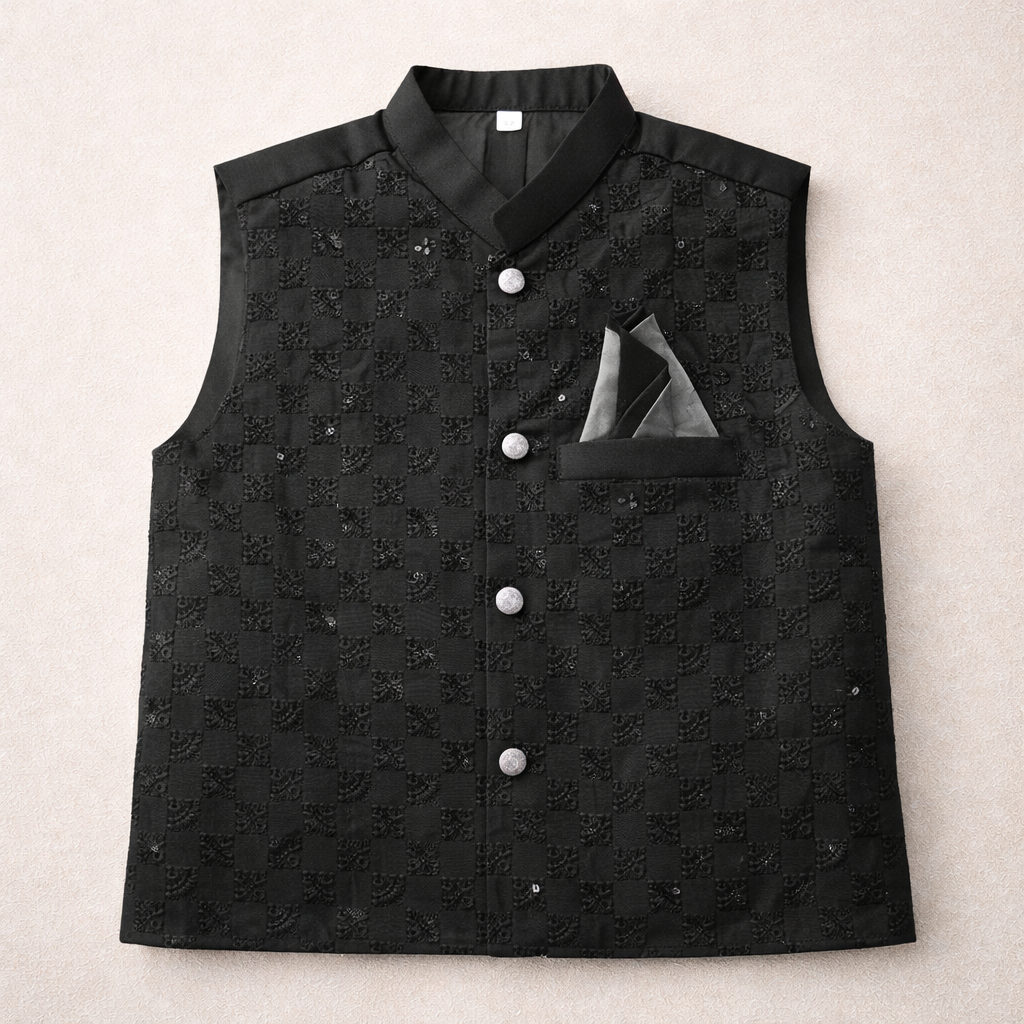 Boys Black Cotton 3 Piece Waistcoat Shalwar Kameez