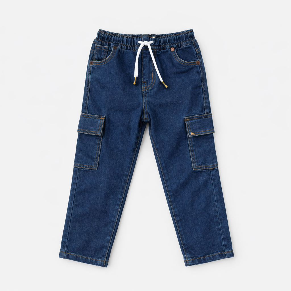 Boys Dark Blue Denim Cargo Jeans