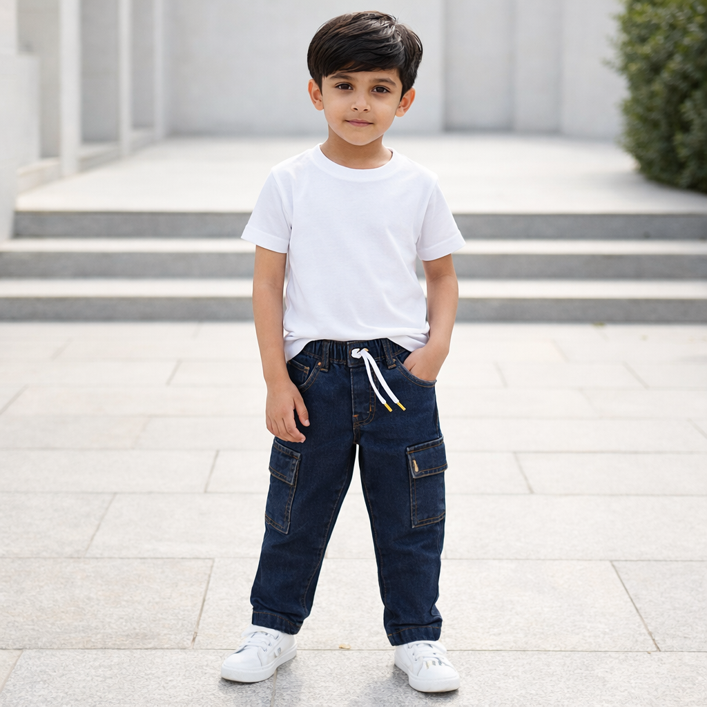 Boys Dark Blue Denim Cargo Jeans