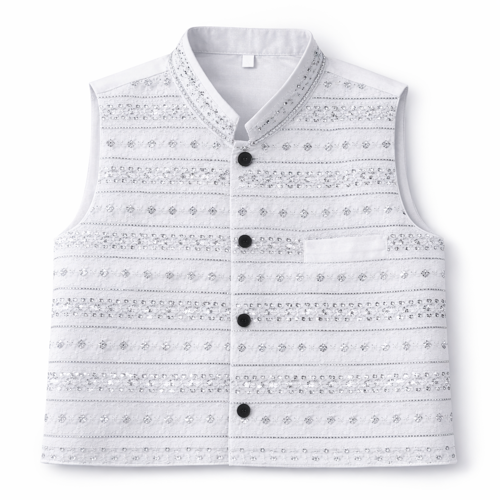 Boys White Cotton 3 Piece Waistcoat Shalwar Kameez