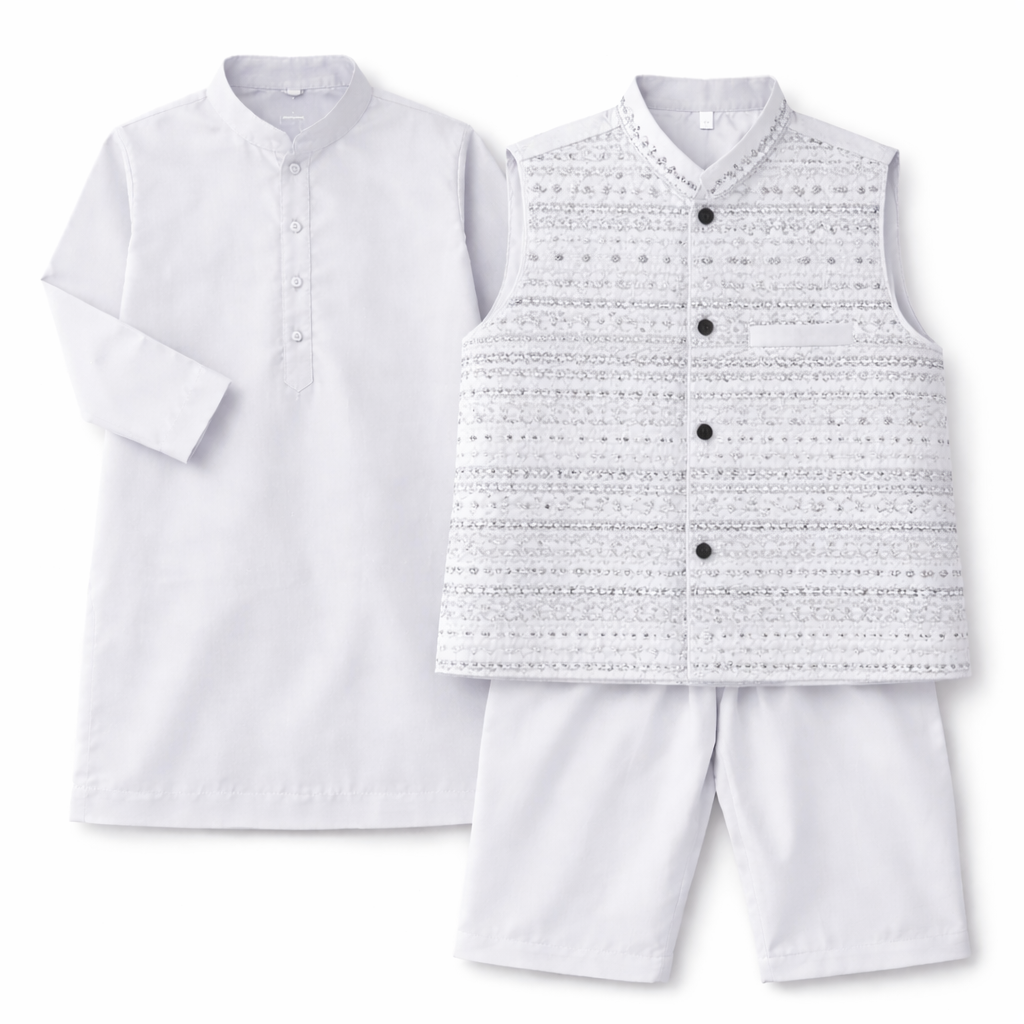 Boys White Cotton 3 Piece Waistcoat Shalwar Kameez