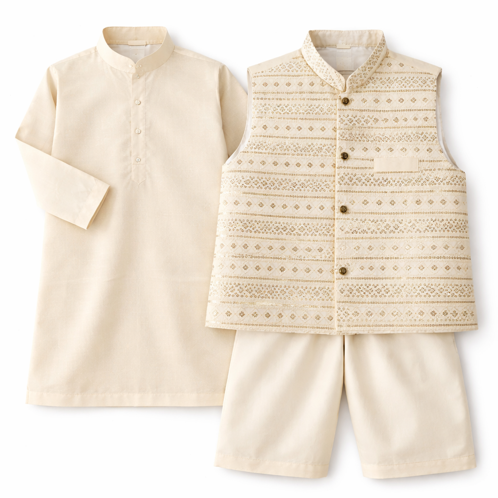 Boys Off White Cotton 3 Piece Waistcoat Shalwar Kameez