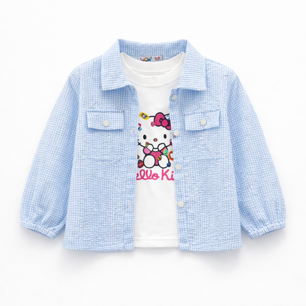 Blue Kitty Print Casual Coord Set (3-Piece)