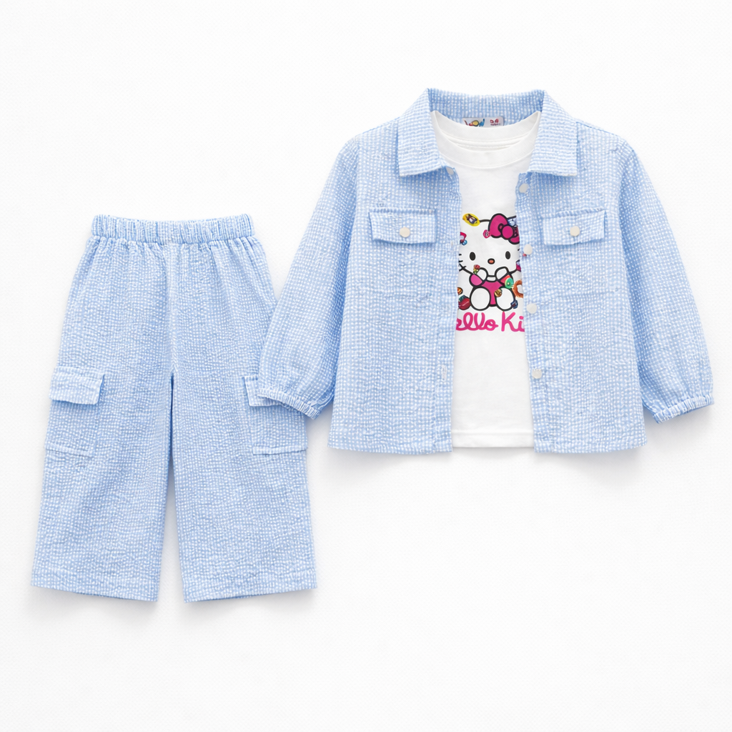 Blue Kitty Print Casual Coord Set (3-Piece)