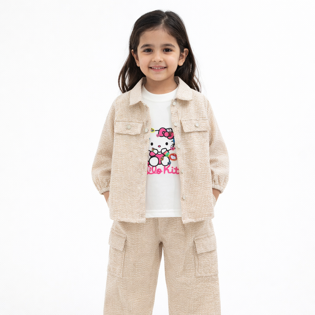 Cream Beige Kitty Print Casual Coord Set (3-Piece)